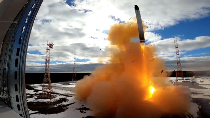 FILE PHOTO: A Sarmat intercontinental ballistic missile is test-launched in Arkhangelsk region